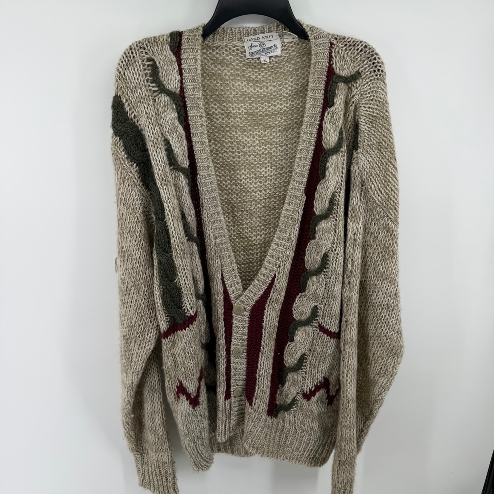 Vintage Sears Roebuck Hand Knit Cardigan Sweater XL Beige 3D Knit Grandpa Hip